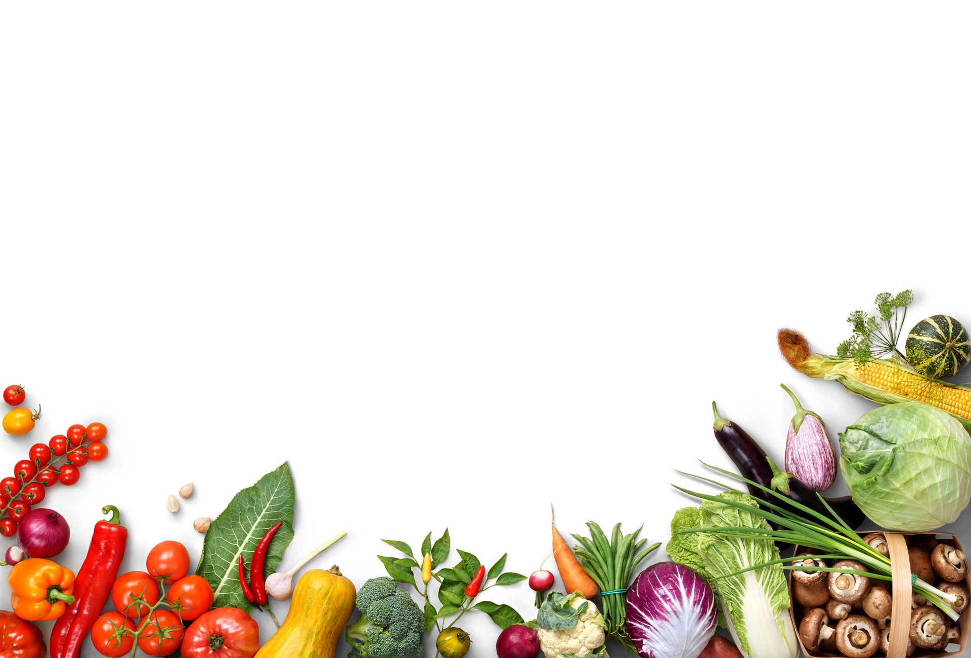 Verschiedene frische Gemüsesorten wie Tomaten, Paprika, Brokkoli, Auberginen, Kohl und Champignons am unteren Bildrand auf weißem Hintergrund